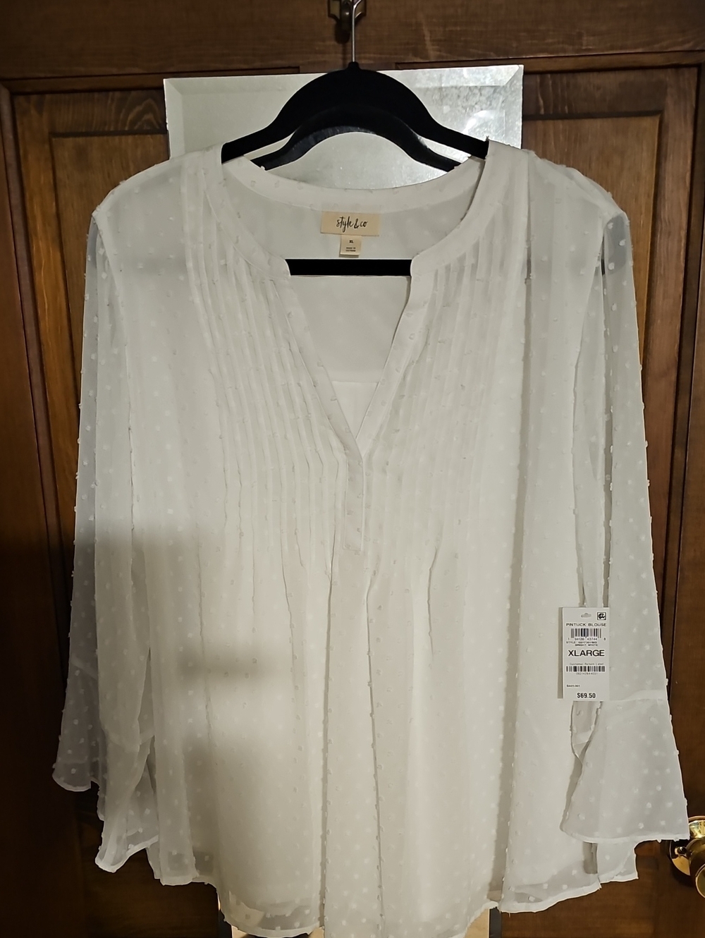 Style & Co. White Swiss Dot Pintuck V-Neck Peasant Blouse
